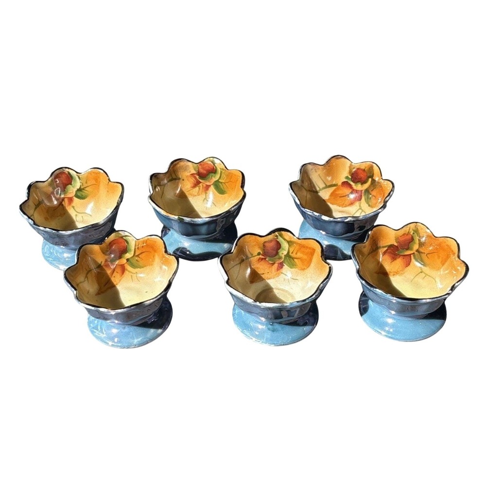 Vintage Lustre Open Salt Cellars dessert Bowls Orange Blue floral Set Of 6